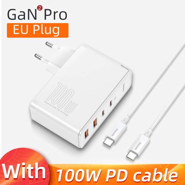 Зарядное устройство Baseus GaN2 Pro, 100 Вт, 4 порта (черный и белый, вилка EU) + кабель на 100W