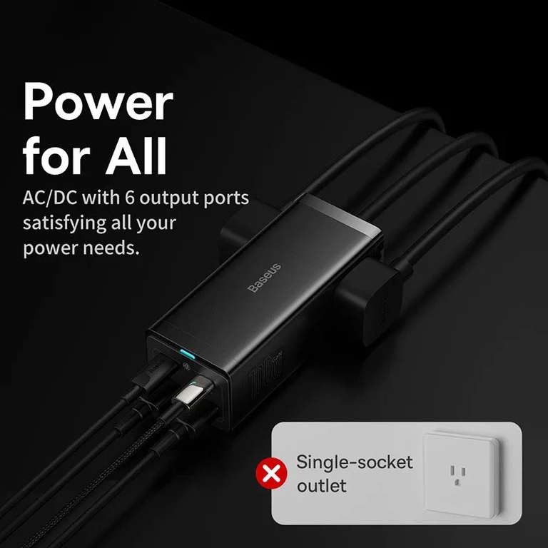 Сетевое зарядное устройство Baseus PowerStrip GaN3 Pro, 100W