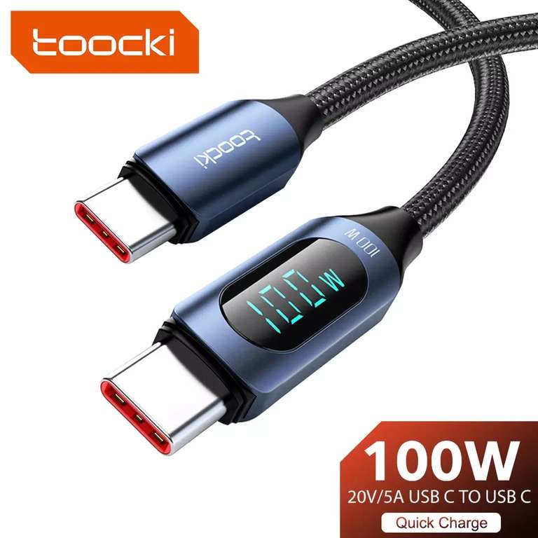 Кабель Toocki в оплетке 1м для быстрой зарядки 66W, 6А, USB C-USB C с индикатором