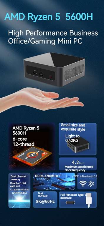 Мини ПК FIREBAT MN56 AMD Ryzen 5 5600H Windows 11 16GB DDR4 Nvme SSD 512GB WIFI6 BT5.2