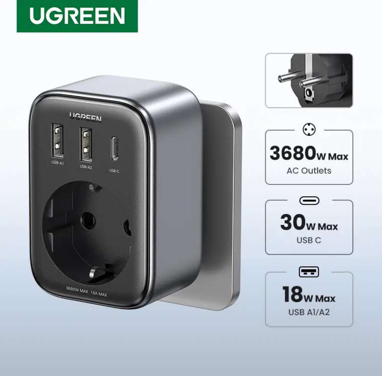 Зарядное устройство с розетками Ugreen GaN 30Вт