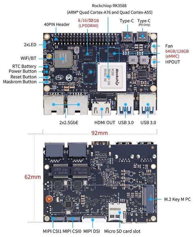 Одноплатный компьютер Banana Pi BPI-M7 (RK3588, 8 Гб ОЗУ, 64 Гб ПЗУ, ×2 2.5 Гбит/с Ethernet, Wi-Fi6, Bluetooth 5, HDMI, USB-A, USB-C, GPIO)