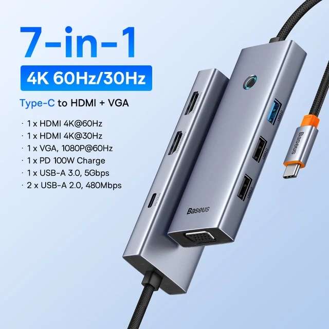 Док-станция (USB-хаб) BASEUS (HDMI 4K@60Hz/ HDMI 4K@30Hz/ VGA/ 2 USB 2.0/ USB 3.0)