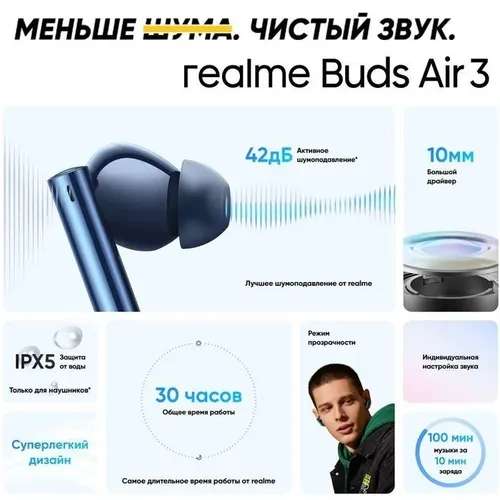 Наушники беспроводные Realme Buds Air 3 с микрофоном, USB Type-C (с Озон картой, из-за рубежа)