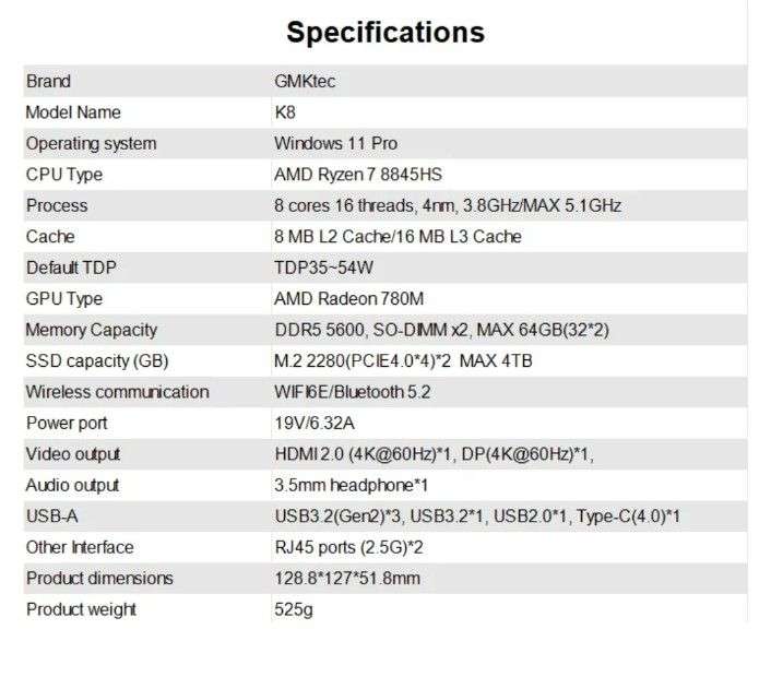 Мини-ПК GMKtec K8 AMD R7 8845HS Radeon 780m