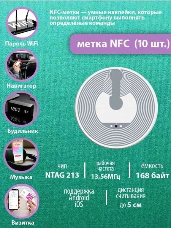 Метка NFC (10 штук) NTAG213/ Метка-наклейка НФС