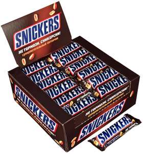 Батончик Snickers с карамелью, арахисом и нугой, 50.5 г, 48 шт. (37₽ за шт)