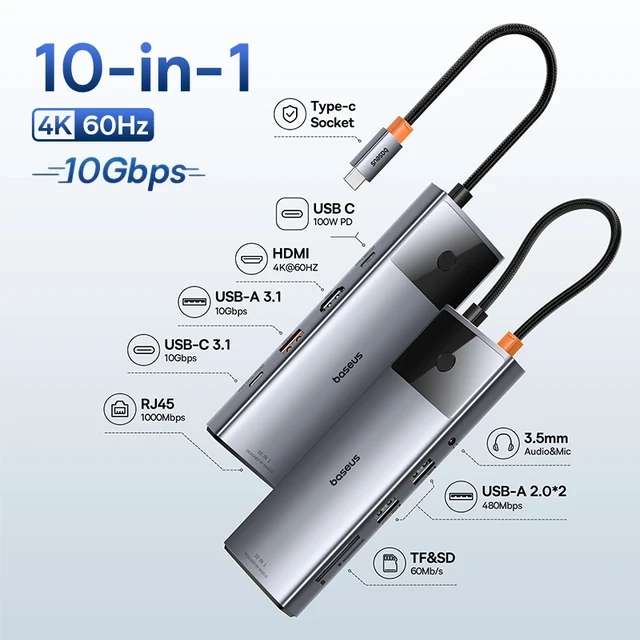 Разветвитель (хаб) Baseus 10-in-1 (USB C на HDMI, 4K @ 60, USB 3,1, 10 Гбит/с, RJ45)