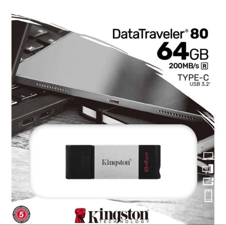 Флеш-диск Type-C Kingston DataTraveler 80 200R 64GB Type-C (399₽ с бонусами)