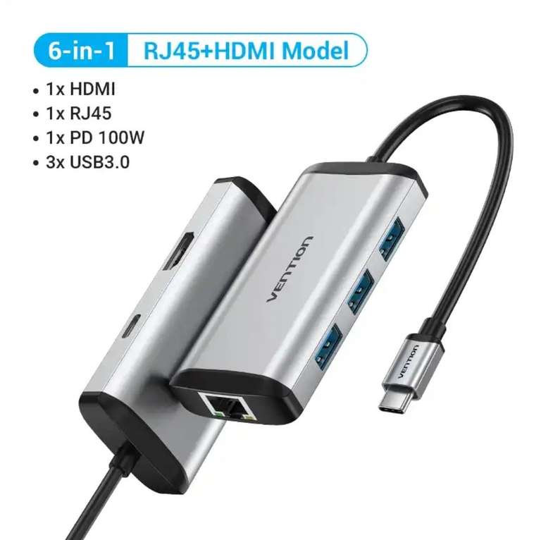 USB концентратор Vention, 6 в 1, RJ45, HDMI 4K, 60гц, PD, USB 3.0 x3