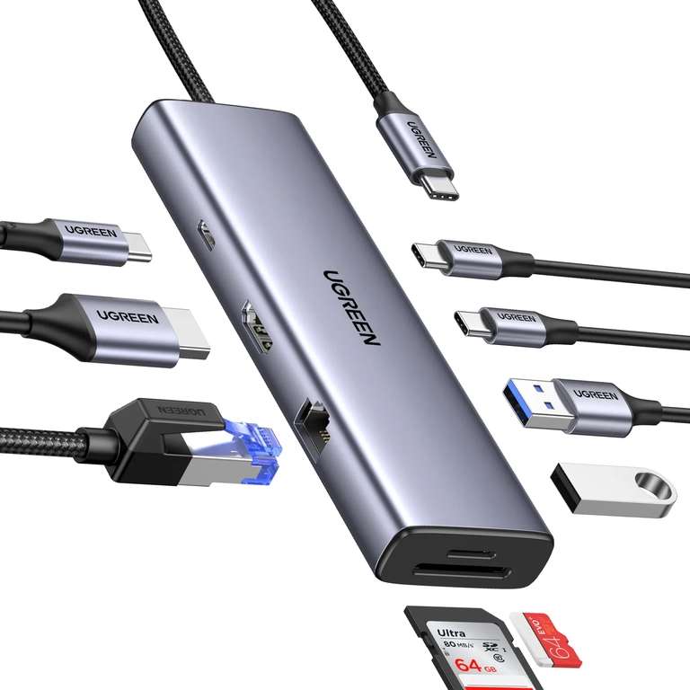 [11.11] Хаб Ugreen 9 в 1 ( RJ45 1000 Мбит/С/HDMI 4K60Hz / PD 100W Charge / SD / TF / 2 * USB A 3,0 5 Гбит/С/2 * USB C 3,0 5 Гбит/с)