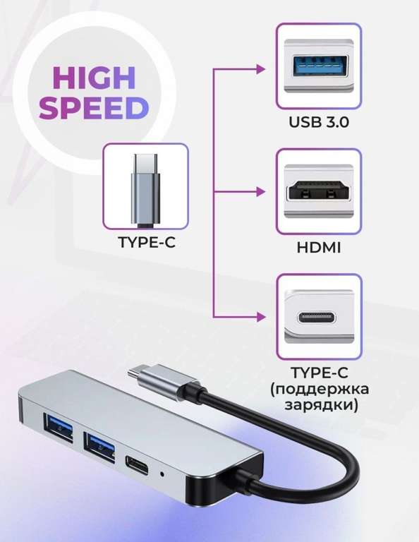Переходник USB type-c hub HDMI,USB,PD