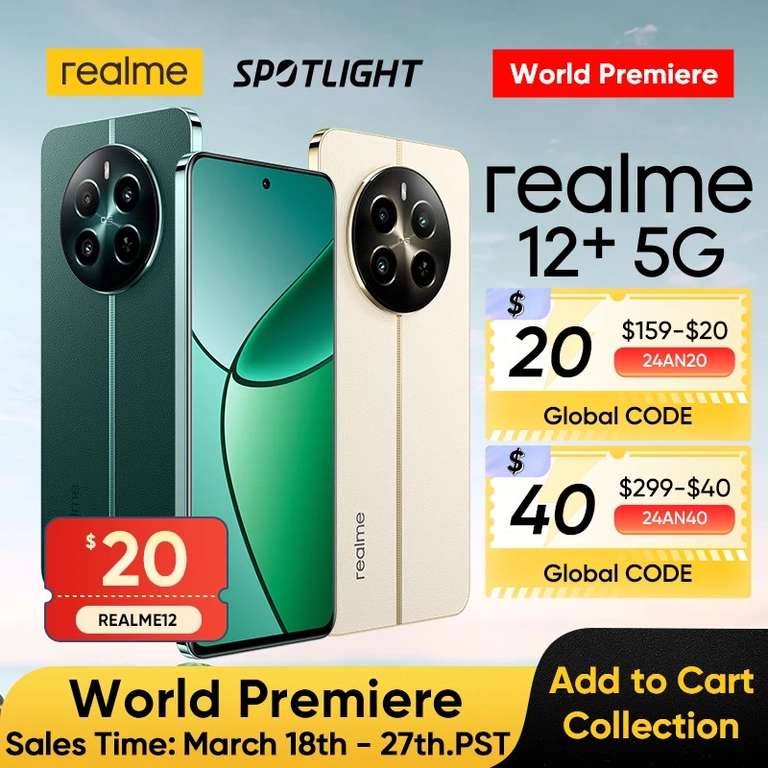 Смартфон Realme 12 Plus Русская версия, 8/256 - 12/512 Гб, бежевый и зеленый