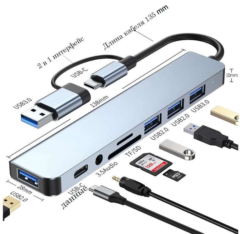 Док-станция 8-в-1, USB 3.0, слот для карт SD/TF, USB-C, разъем для наушников, двойные USB-C и USB (с ozon картой, из-за рубежа)