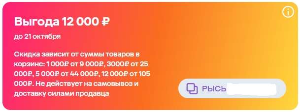 Скидка 1000₽ от 9000₽, 3000₽ от 25000₽, 5000₽ от 44000₽, 12000₽ от 105000₽ (при наличии в ЛК в разделе промокодов)