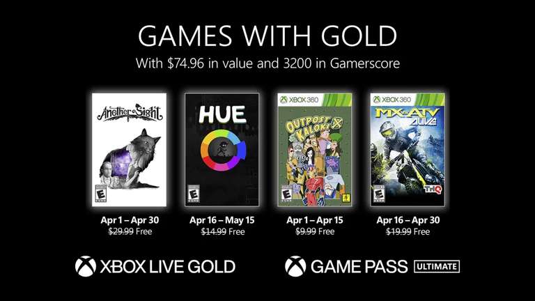 [Xbox] Бесплатные игры апреля для подписчиков Xbox Live Gold (Another Sight, MX vs ATV Alive, Hue, Outpost Kaloki X)