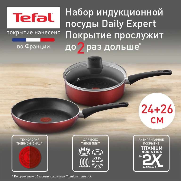 Набор посуды Tefal Daily Expert 04234820 с крышкой, 24/26 см (Возврат бонусами спасибо 51%)