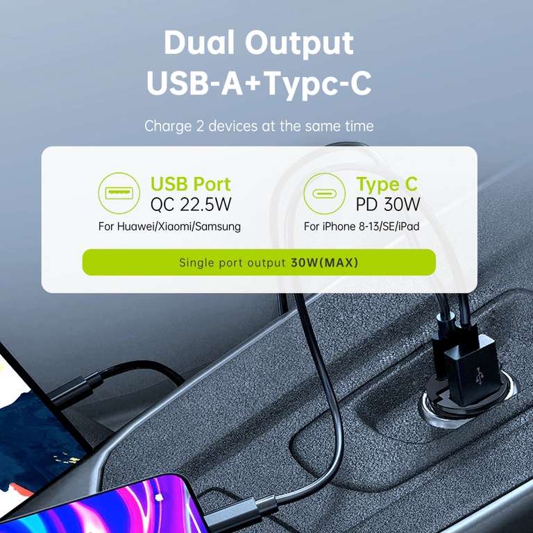 Автомобильное ЗУ OMARS QC3.0 pd 30w, Dual USB C + USB A