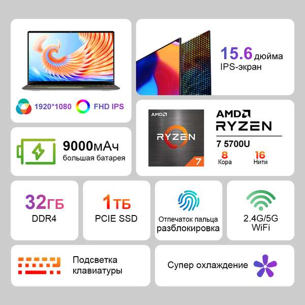 Ноутбук Ninkear A15 Plus 15.6", AMD Ryzen 7 5700U, RAM 32 ГБ, 1TB SSD, AMD Radeon Vega8 Graphics, Windows11 Home