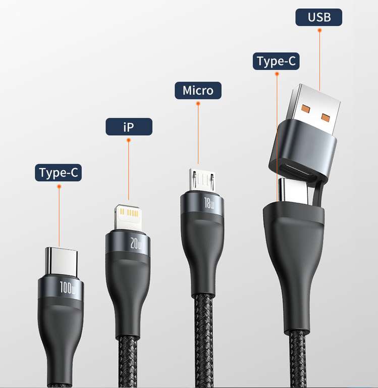 Зарядный кабель Baseus 3 в 1 с Micro-USB Type-C, Lightning, 100 Вт