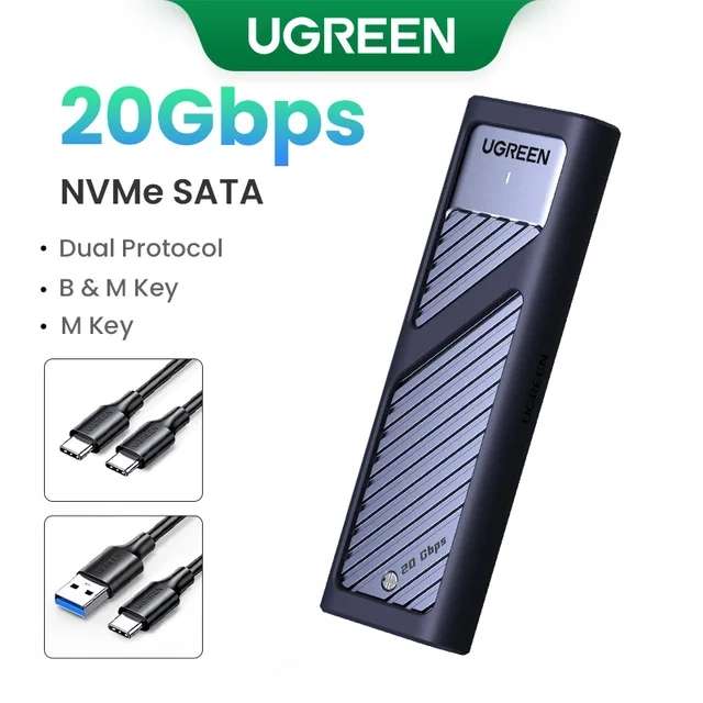 Внешний корпус Ugreen CM559 для SSD M.2 NVMe/SATA, 20 гбит/с, 8 ТБ + 2 кабеля