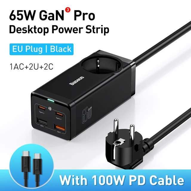 Зарядное устройство Baseus GaN Pro 65 Вт CCGAN65-1ACE (2xUSB-A, 2xUSB-C, евро-розетка) + кабель быстрой зарядки, 100 Вт за 2855₽