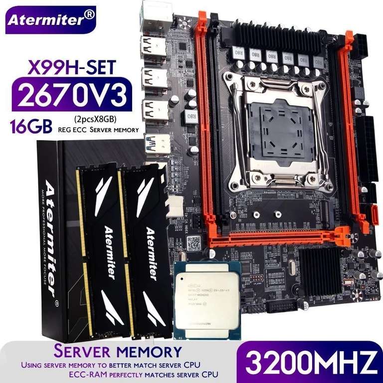 Комплект Atermiter X99 МП LGA 2011v3 + XEON 2670 V3 2,3 ГГц + 16 Гб (2 штX8 ГБ) DDR4 (из-за рубежа, 5449₽ с озон картой, нет отзывов)