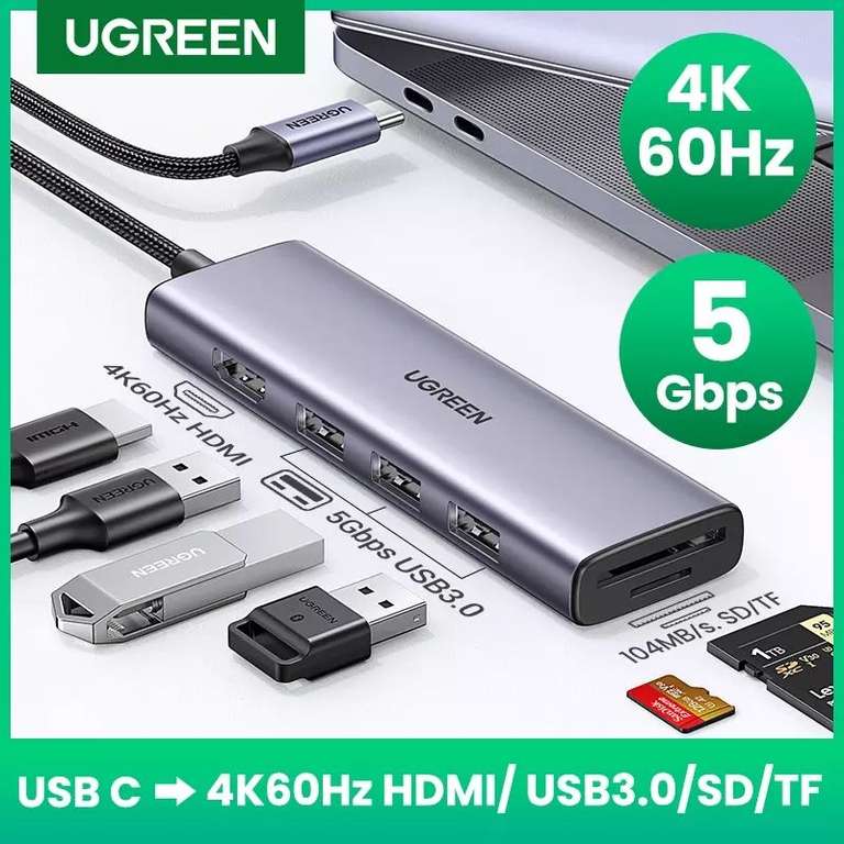 Хаб Ugreen Type C Thunderbolt3 3xUSB3.0 HDMI 4K60 TF SD