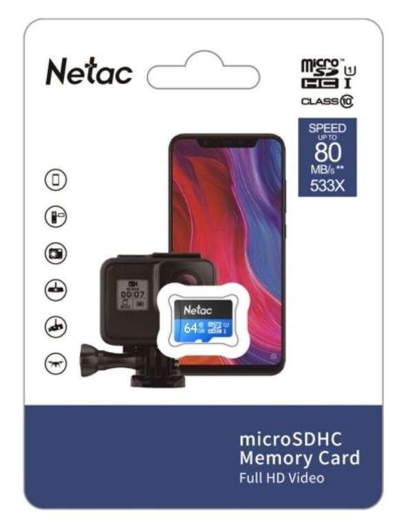 Карта памяти Netac microSD 64 ГБ Class 10, UHS Class 1, R 80 МБ/с