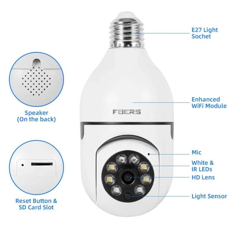 Беспроводная IP-камера видеонаблюдения с ночным видением, 2 МП с цоколем Е27