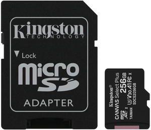 Карта памяти Kingston Canvas Select Plus microSDXC 256 ГБ Class 10, V30, A1, UHS-I U3, R/W 100/85 МБ/с, адаптер на SD