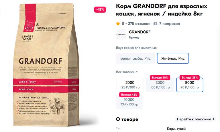 Корм GRANDORF для взрослых кошек (ягненок/индейка) 8кг (цена с ozon-картой)