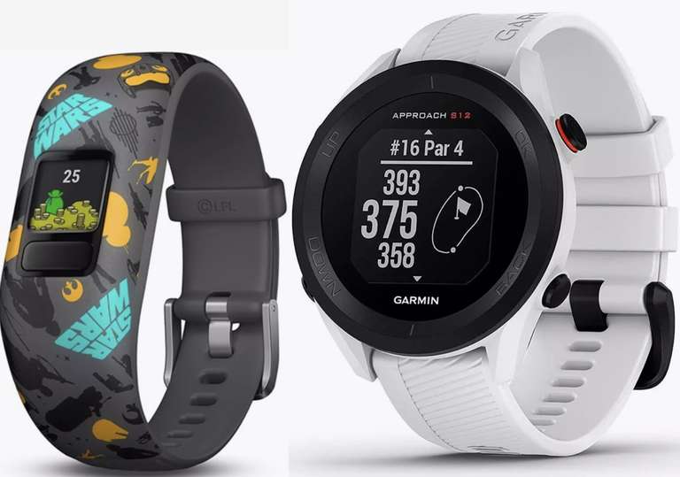 Скидки на устройства Garmin (например, детские браслеты VIVOFIT JR. 2 за 2335₽ и часы APPROACH S12 за 8318₽)