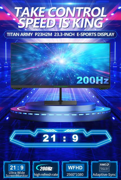 Монитор Titan Army 23.3" (2560x1080, VA, 200Гц, 1мс, 21:9, 4000:1, 300кд/м, 2HDMI/DP, Adaptive Sync)