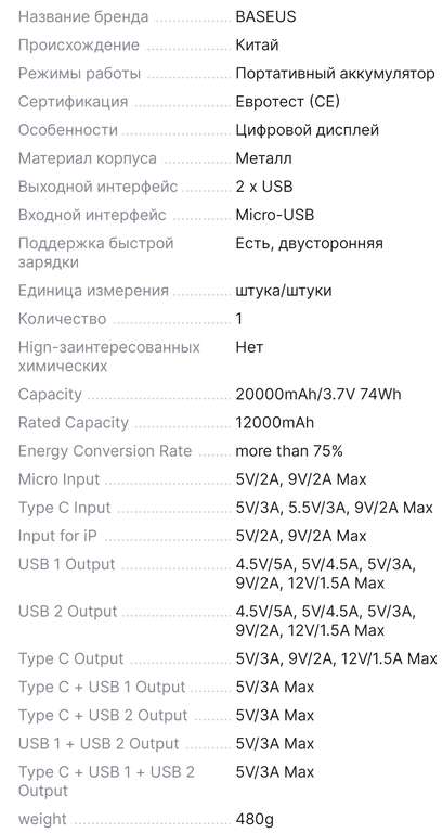 Внешний аккумулятор Baseus, 22,5 Вт, 20000 мАч