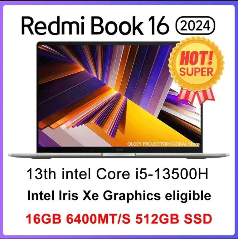 Ноутбук Xiaomi Redmi Book 16, 16", 2560x1600, i-5 13500H, 16/512 Гб, Intel Iris Xe Graphics eligible, windows 11