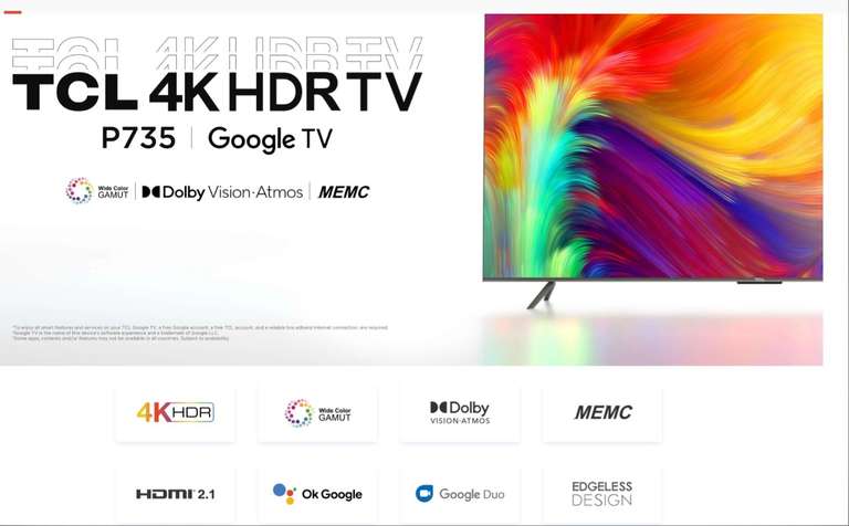 55" Телевизор TCL 55P735 2022 (Google TV, 4K HDR, 300 кд/м2, Android 11.0)