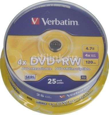 Оптический диск DVD+RW Verbatim 4.7ГБ 4x, 25шт., cake box 43489