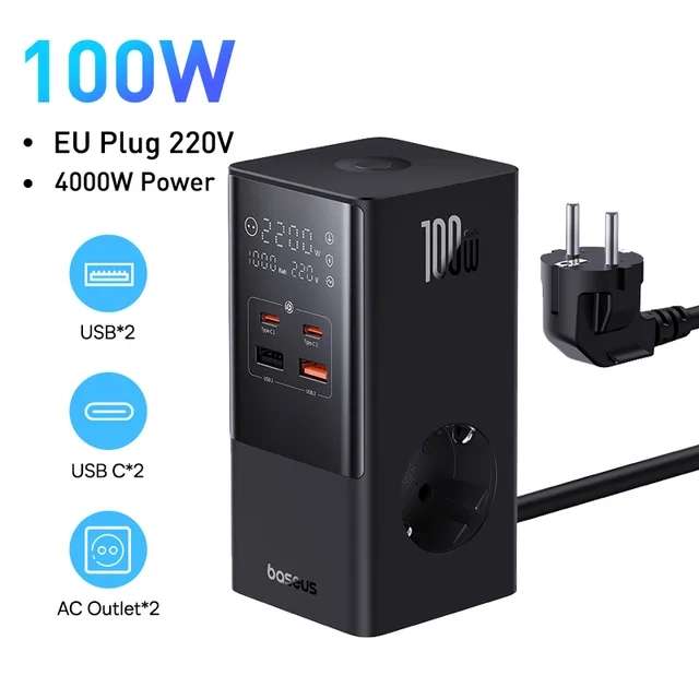 Быстрое зарядное устройство 6-в-1 Baseus PowerCombo Tower Power Strip CCGAN100-S2ACE 100W