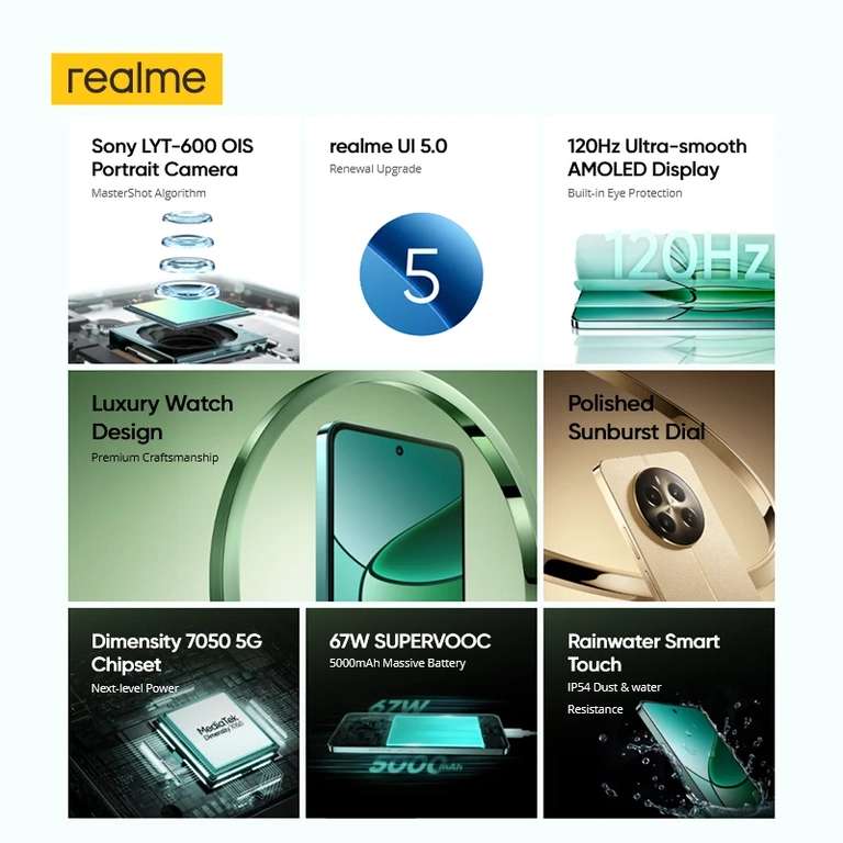 Смартфон Realme 12 Plus 5G, 8/256 ГБ (Dimensity 7050, 6.67", OLED, FullHD+, 120 Гц, OIS, IP54)