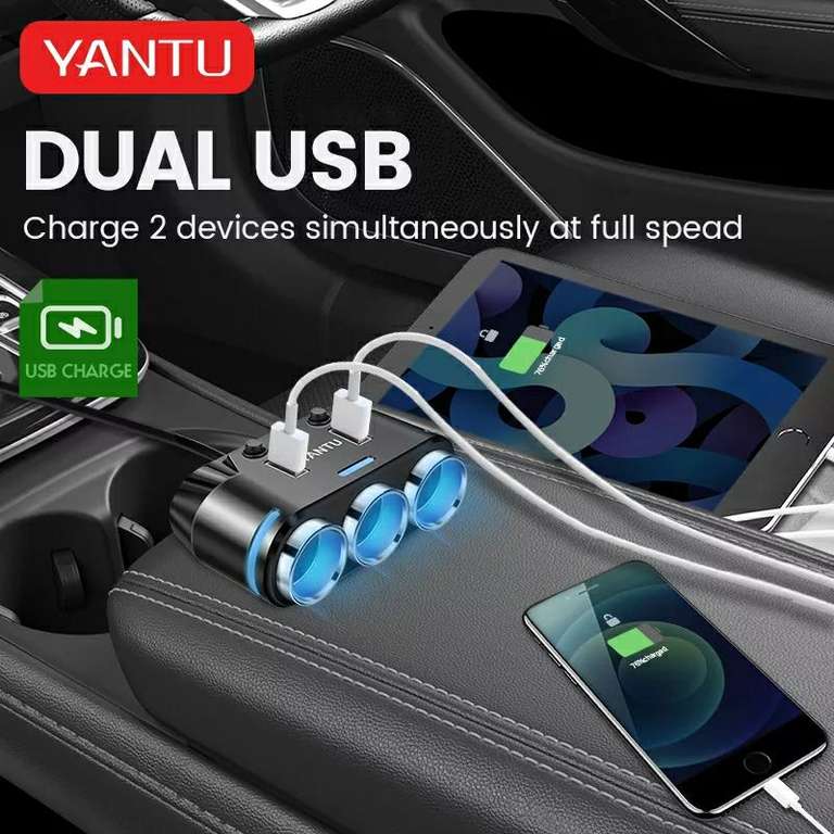 Автомобильный разветвитель YANTU 3 прикуривателя и 2 USB