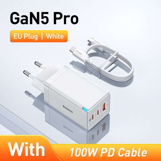Зарядное устройство Baseus GaN5 Pro 65W (черный и белый, вилка EU) + кабель на 100W