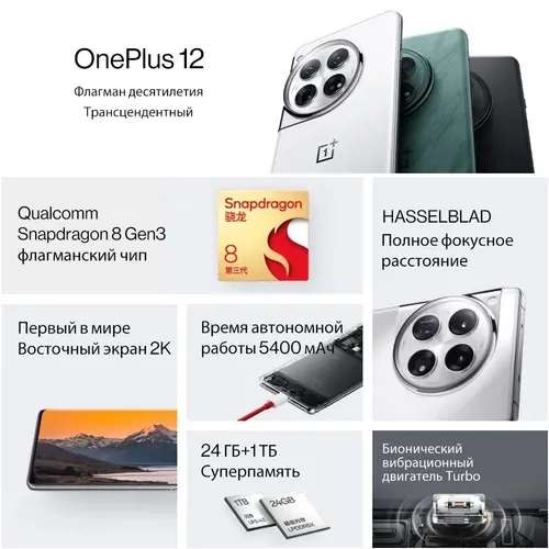 Смартфон OnePlus 12 CN, 12/256ГБ (c глобальной прошивкой, поддержка русского, Google Play), из-за рубежа