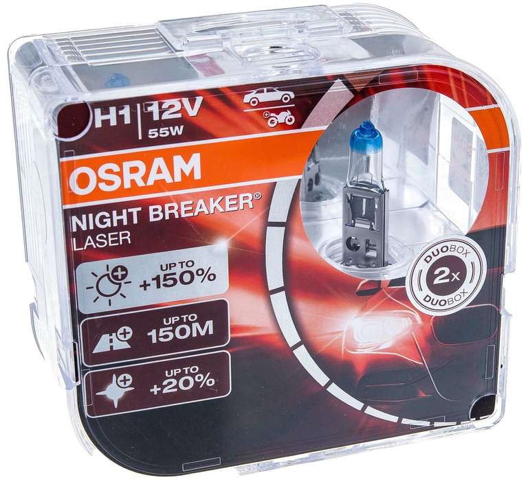 Лампа автомобильная галогенная OSRAM Night Breaker Laser 64150NL-HCB H1 12V 55W P14,5s 2 шт.