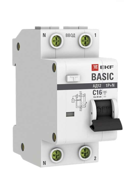 Дифференциальный автомат EKF АД-12 Basic 2П 30 мА C 4.5 кА AC электронный 16 А