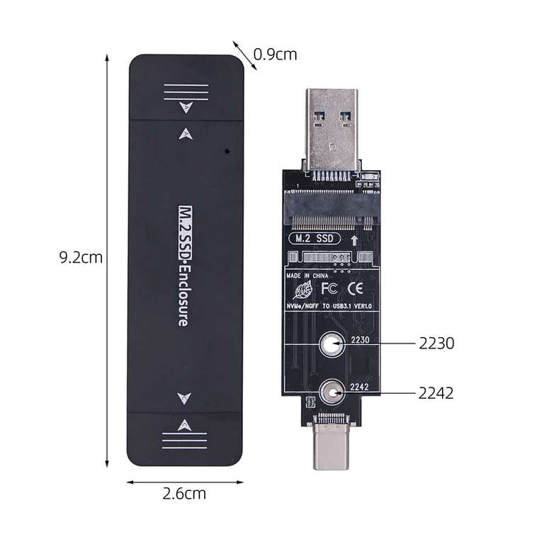 Корпус для SSD M.2 NVMe/ M.2 SATA, 2230/2242. USB A/TypeC