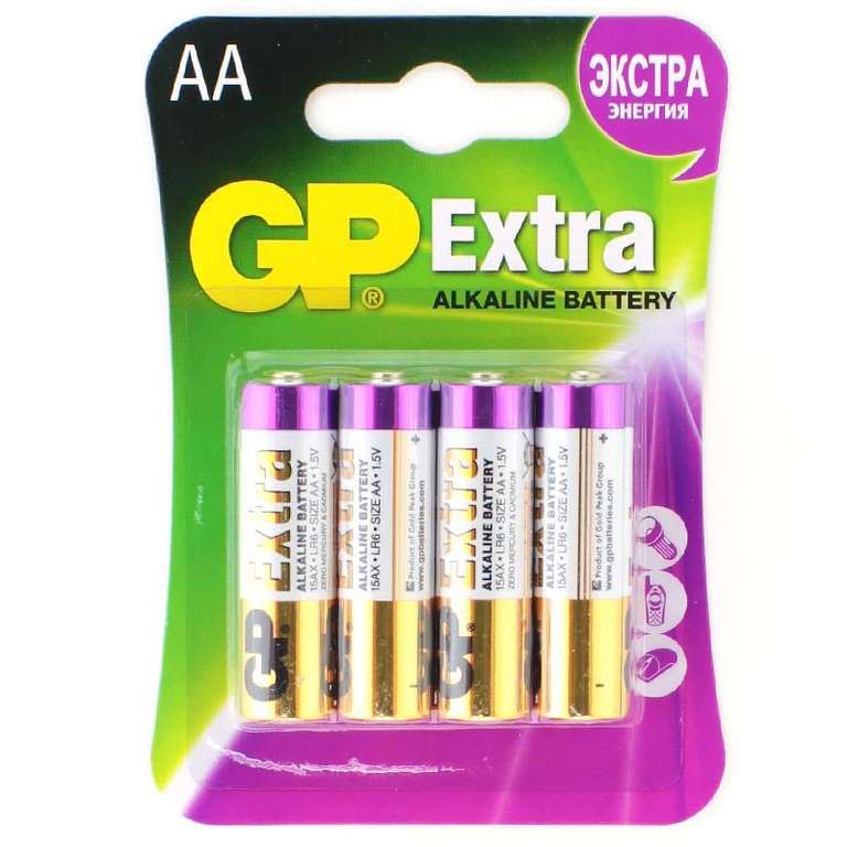Батарея GP Extra Alkaline AA LR6 (15AXNEW-2CR4), 4 штуки + возврат 50% баллами