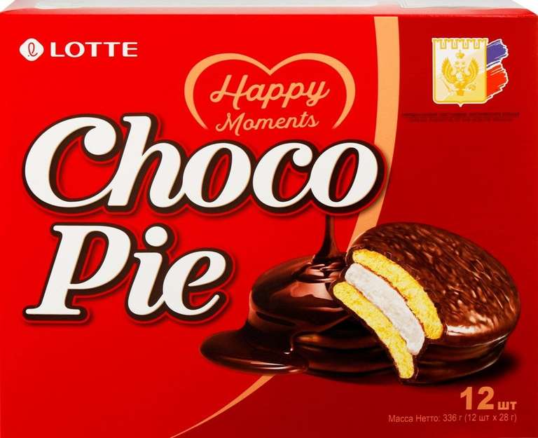 Печенье LOTTE Choco Pie бисквитное в шоколадной глазури, 12х28г, Россия, 336 г