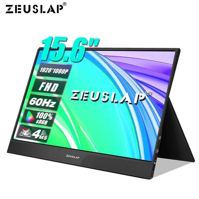 15.6" Монитор ZEUSLAP Z15SP IPS, FHD, 60 Гц, Mini HDMI/Thunderbolt/Type-C, динамики (из-за рубежа, цена с озон-картой)