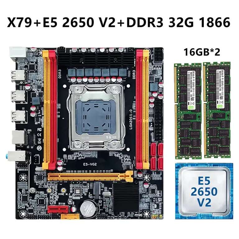 Комплект на ксеоне X79 E5 VG2+E5 2650V2 32G(2*16G)-DDR3 ECC 1866MHz из-за рубежа